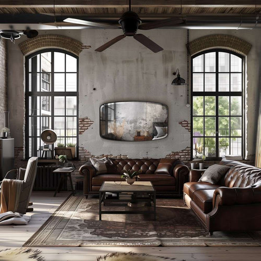 In the center of a dark, vintage industrial living room, a huge decorative wall mirror rectangular serves as a dramatic focal point, enhancing the room's character and depth