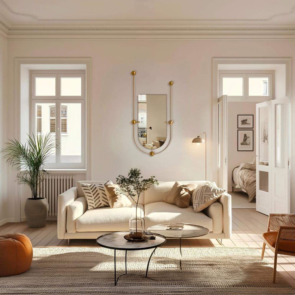 modern living room with gold decorative mirror on the wall