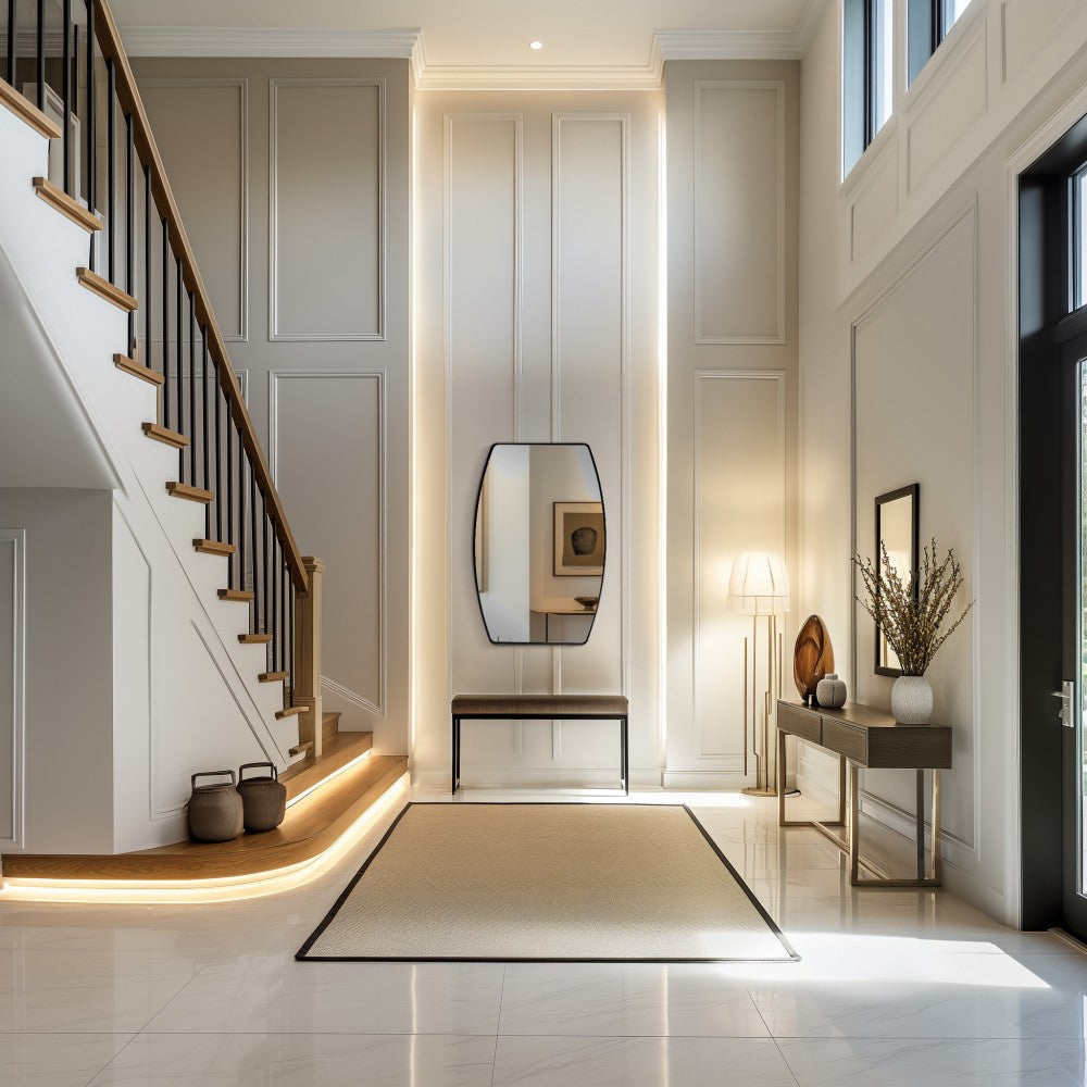 A spacious and luxurious hall with a large oval mirror on the wall opposite the stairs reflecting natural light and enhancing the room's character and depth