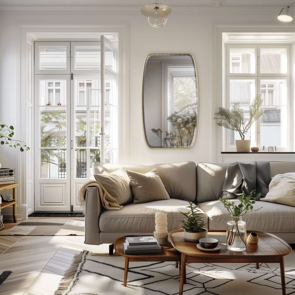 A sunlit living room features a large rectangular mirror as a visual centerpiece, complemented by a cream-colored sofa, walnut coffee table that enhance the space's brightness