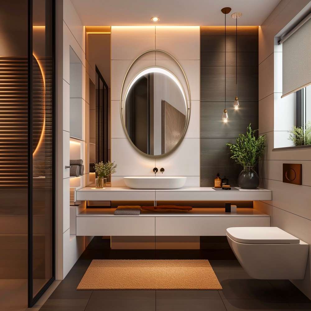 a black-and-white themed bathroom with a gold oval led mirror and warm lighting