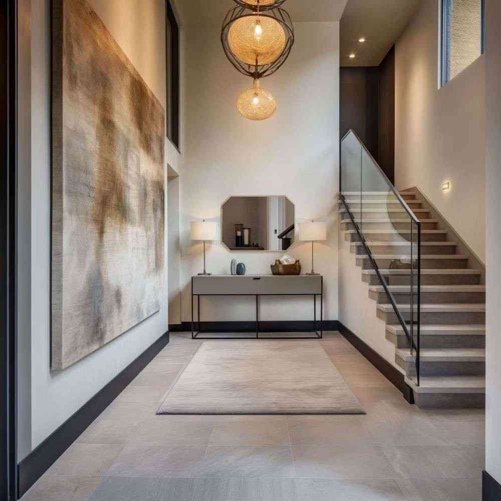 a rectangular wall mirror above a wooden table next to the landing