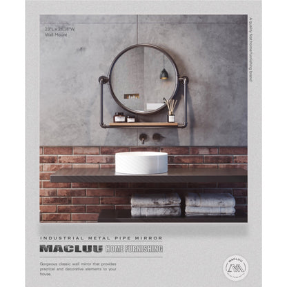 MacLuu Round Industrial Black Metal Pipe Hanging Wall Mirror with Shelf