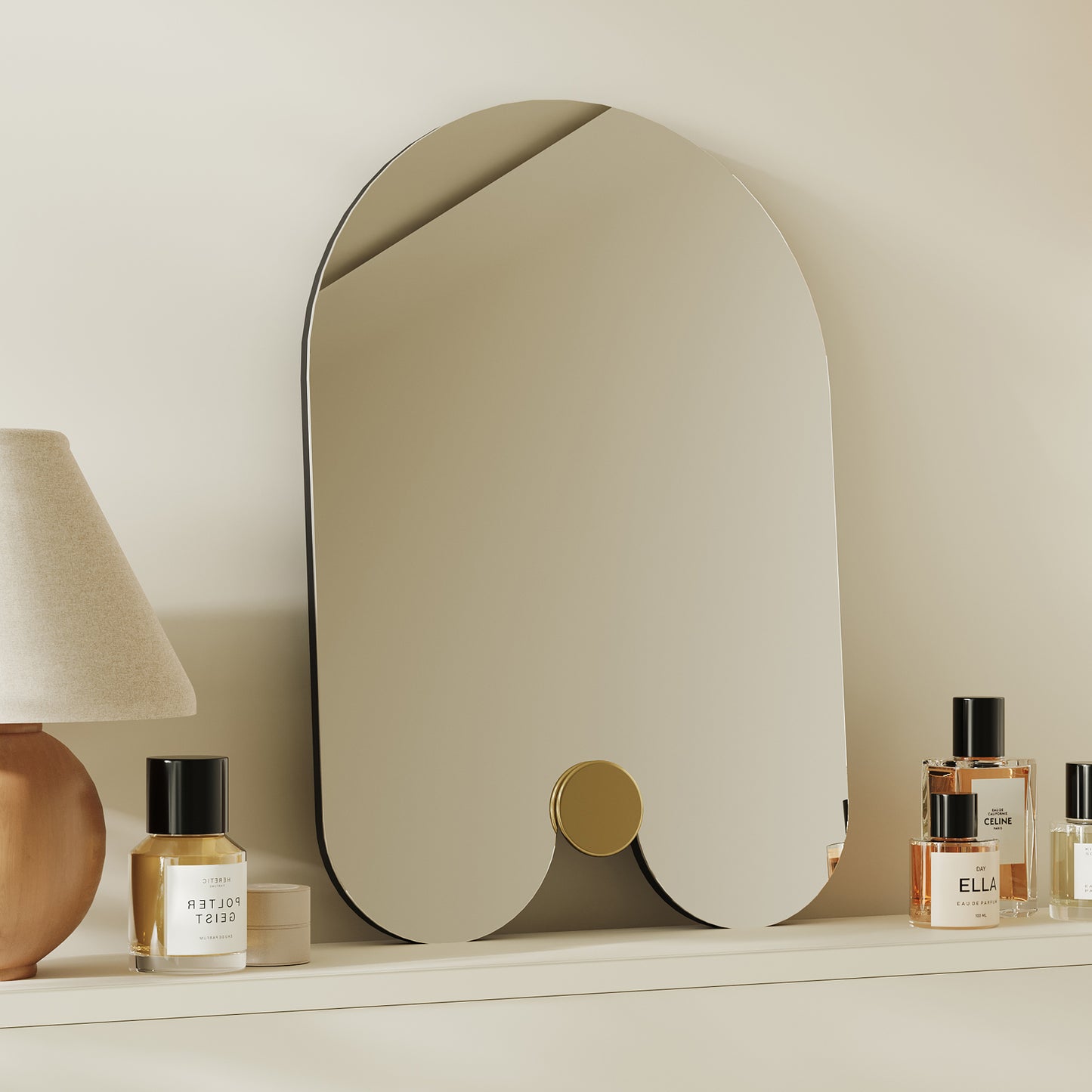 MacLuu Modern Frameless Arched Mirror Wall Decor with Round Gold Metal Spot