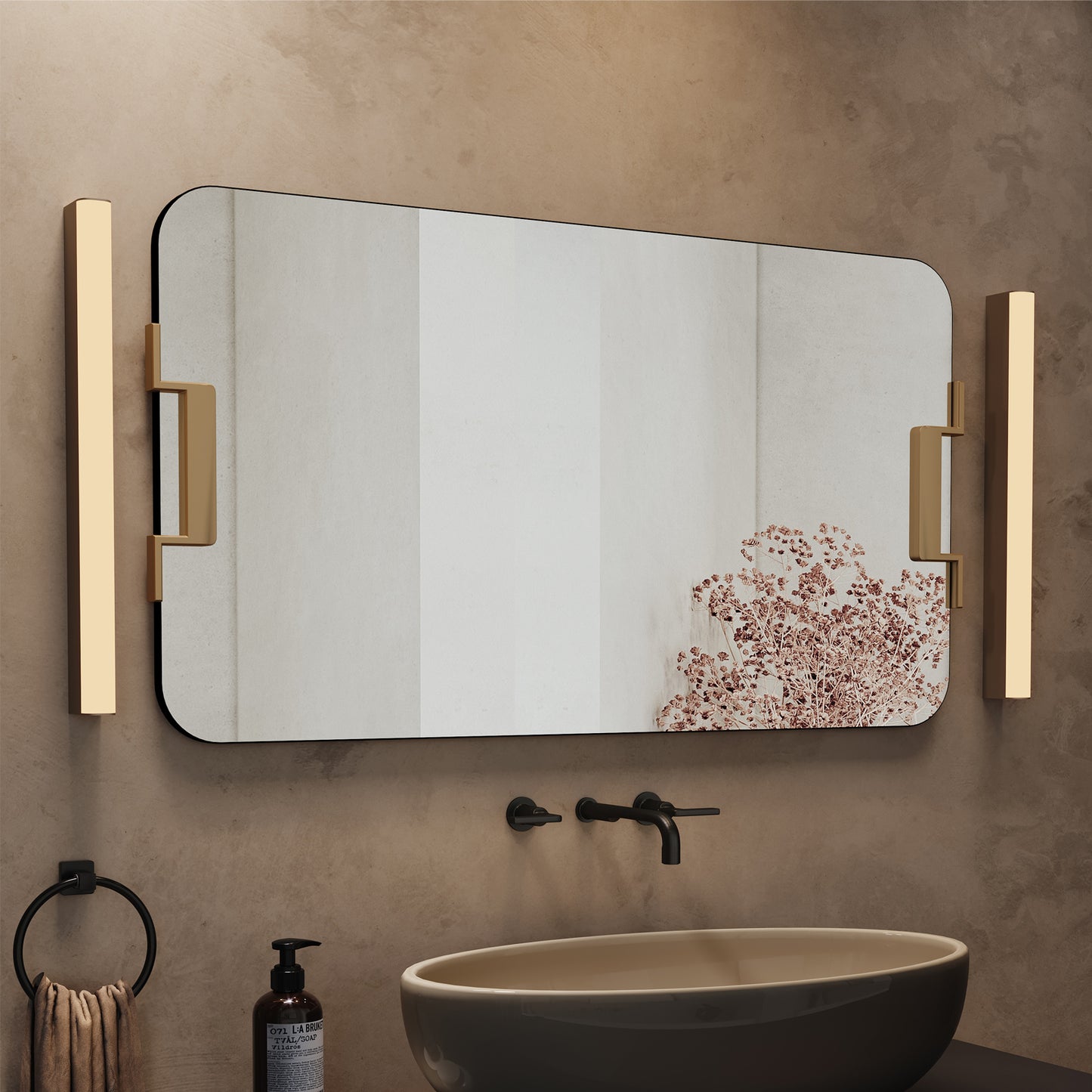 a frameless rectangle mirror in a bathroom