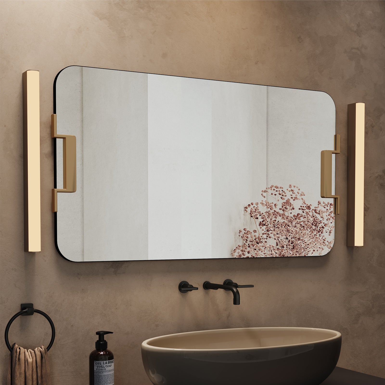 a frameless rectangle mirror in a bathroom