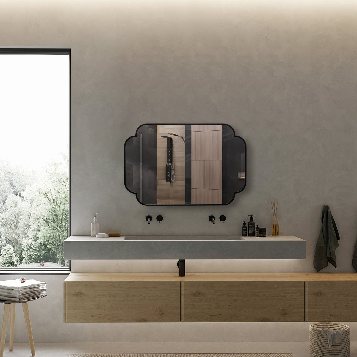 a black rectangle mirror above a grey sink