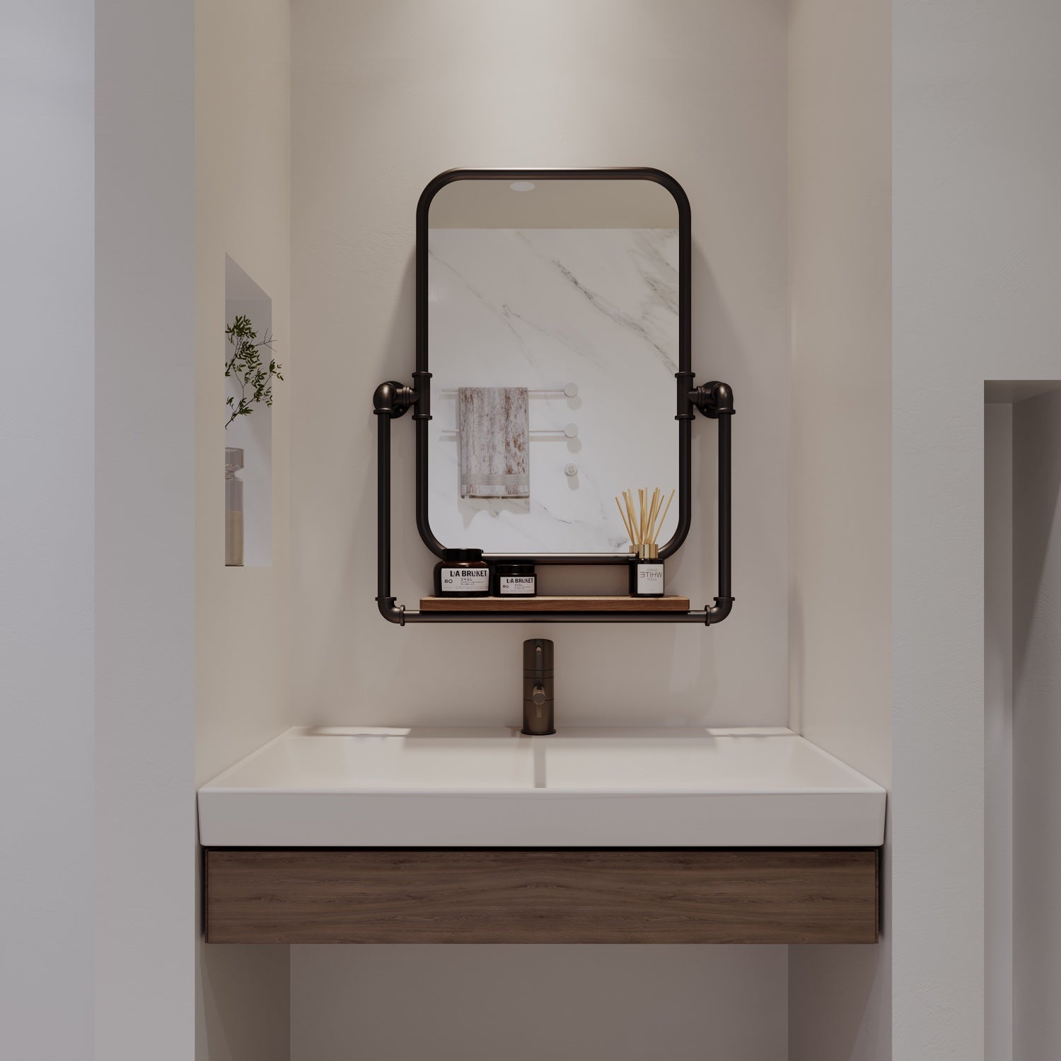 In a small bathroom, a unique black rectangle mirror with an industrial pipe frame and wooden shelf above a compact sink